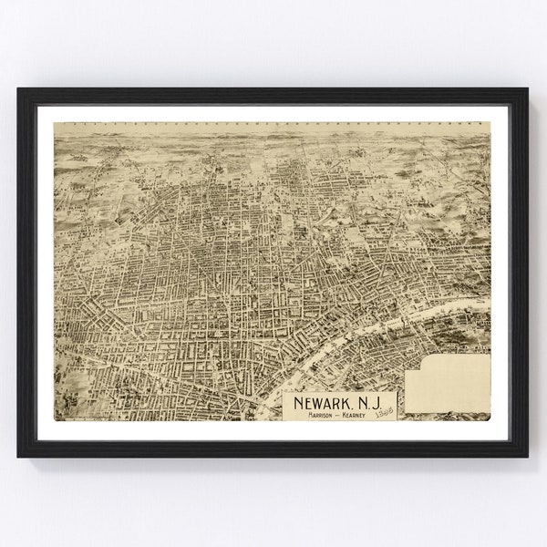 Newark Map 1895 - Old Map of Newark New Jersey Art Vintage Print Framed Canvas Bird's Eye View Portrait History Genealogy Farmhouse Décor