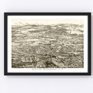 May include: A vintage black and white aerial view illustration of the City of Kingston, New York. The illustration shows the city's streets, buildings, and surrounding landscape.