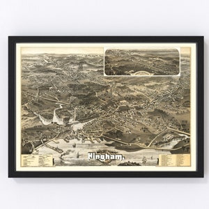 May include: An antique bird's-eye view map of Hingham, Massachusetts, printed in black and white. The map shows the town's streets, buildings, and waterways. The map is framed in a black frame.