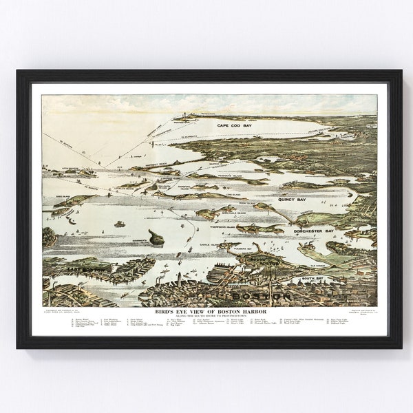 Boston Harbor Map 1920 - Old Map of Boston Harbor Massachusetts Art Vintage Print Framed Canvas Bird's Eye View Portrait History Genealogy