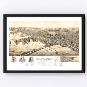 Duluth Map 1893 - Old Map of Duluth Minnesota Art Vintage Print Framed Canvas Bird&#39;s Eye View Portrait History Genealogy Farmhouse Décor