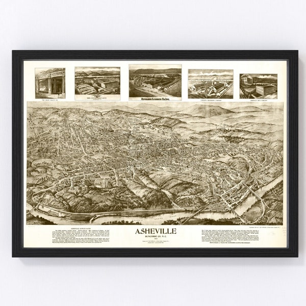 Asheville Map 1912 - Old Map of Asheville North Carolina Art Vintage Print Framed Canvas Bird's Eye View Portrait History Genealogy