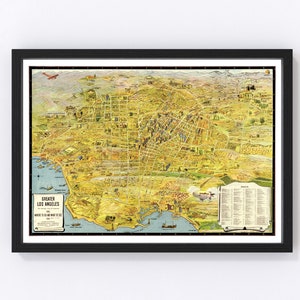 Los Angeles Map 1932 - Old Map of Los Angeles California Art Vintage Print Framed Canvas Bird&#39;s Eye View Portrait History Genealogy