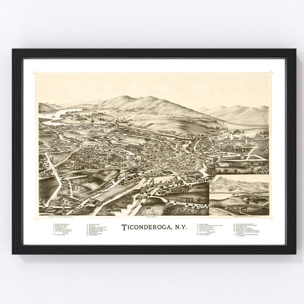 Ticonderoga Map 1891 - Old Map of Ticonderoga New York Art Vintage Print Framed Canvas Bird's Eye View Portrait History Genealogy