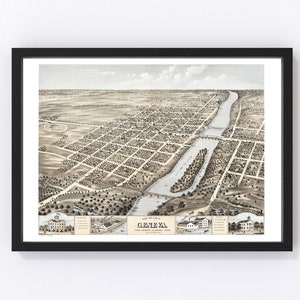 Geneva Map 1869 - Old Map of Geneva Illinois Art Vintage Print Framed Canvas Bird&#39;s Eye View Portrait History Genealogy Farmhouse Décor