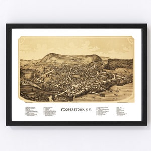 Cooperstown Map 1890 - Old Map of Cooperstown New York Art Vintage Print Framed Canvas Bird's Eye View Portrait History Genealogy