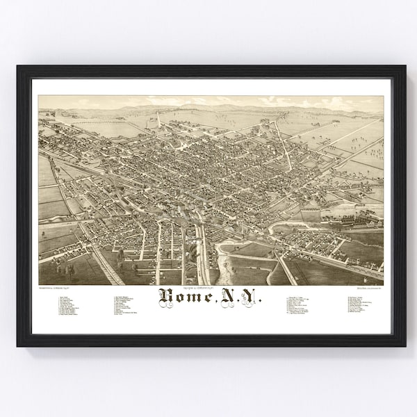 Rome Map 1886 - Old Map of Rome New York Art Vintage Print Framed Canvas Bird's Eye View Portrait History Genealogy Farmhouse Décor