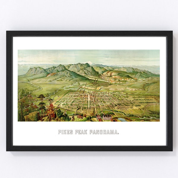 Pikes Peak Map 1890 - Old Map of Pikes Peak Colorado Art Vintage Print Framed Canvas Bird's Eye View Portrait History Genealogy Farmhouse