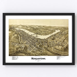Morgantown Map 1897 - Old Map of Morgantown West Virginia Art Vintage Print Framed Canvas Bird&#39;s Eye View Portrait History Genealogy