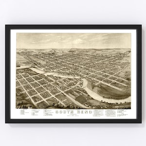 South Bend Map 1874 - Old Map of South Bend Indiana Art Vintage Print Framed Canvas Bird&#39;s Eye View Portrait History Genealogy Farmhouse