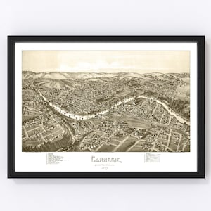 May include: An antique sepia-toned aerial view map of Carnegie, Pennsylvania, from 1887. The map shows the town's layout with streets, buildings, and a river winding through the center.