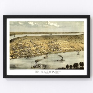 May include: An antique map of Cairo, Illinois, showing the city's layout and surrounding landscape. The map is drawn in a detailed, hand-drawn style with a focus on the city's streets, buildings, and waterways. The map is dated 1868 and includes the text "CAIRO, ILLINOIS".