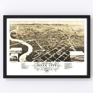 May include: An antique birds-eye view map of Miles City, Montana, in 1884. The map shows the city's streets, buildings, and river. The map is framed in black.