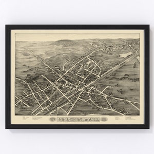 Holliston Map 1878 - Old Map of Holliston Massachusetts Art Vintage Print Framed Canvas Bird's Eye View Portrait History Genealogy