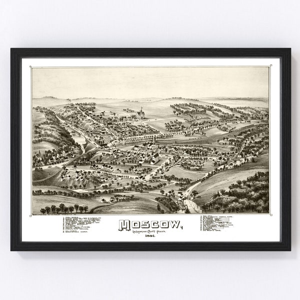 Moscow Map 1891 - Old Map of Moscow Pennsylvania Art Vintage Print Framed Canvas Bird's Eye View Portrait History Genealogy Farmhouse Décor