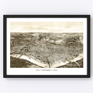 May include: A vintage black and white aerial view map of Cincinnati, Ohio, from 1900. The map shows the city's layout, including the Ohio River, bridges, and buildings.
