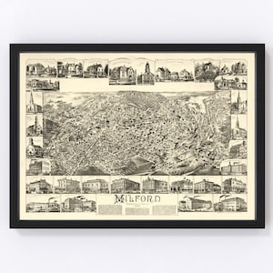 Milford Map 1888 - Old Map of Milford Massachusetts Art Vintage Print Framed Canvas Bird&#39;s Eye View Portrait History Genealogy Farmhouse