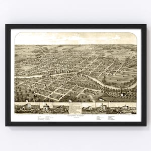 South Bend Map 1866 - Old Map of South Bend Indiana Art Vintage Print Framed Canvas Bird&#39;s Eye View Portrait History Genealogy Farmhouse