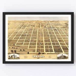 Urbana Map 1869, Vintage Urbana Map, Old Urbana Illinois Art, Wall Art Gift for Urbana History Lovers Retro Decor