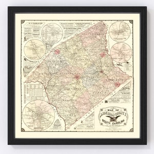 May include: An antique map of Anderson County, South Carolina, printed in black, brown, and red ink on a cream-colored background. The map shows the county's roads, railroads, and towns. The map is surrounded by smaller maps of nearby towns and cities.
