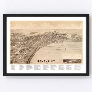 Geneva Map 1893 - Old Map of Geneva New York Art Vintage Print Framed Canvas Bird&#39;s Eye View Portrait History Genealogy Farmhouse Décor