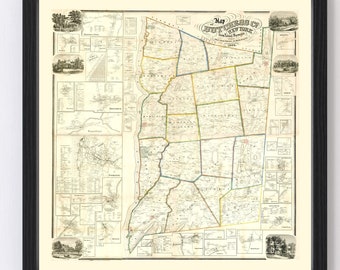 Dutchess County New York Map 1858 - Old Map of Dutchess County New York Art Vintage Print Framed Canvas Portrait History Genealogy