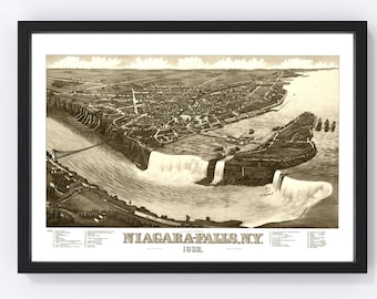 Niagara Falls Map 1882 - Old Map of Niagara Falls New York Art Vintage Print Framed Canvas Bird's Eye View Portrait History Genealogy