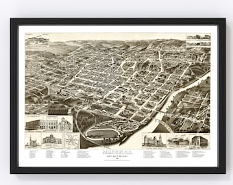 Macon Map 1887 - Old Map of Macon Georgia Art Vintage Print Framed Canvas Bird's Eye View Portrait History Genealogy Farmhouse Décor