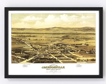 Jacksonville Map 1883 - Old Map of Jacksonville Oregon Art Vintage Print Framed Canvas Bird's Eye View Portrait History Genealogy