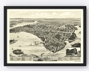 May include: A vintage black and white illustration of Onset Bay Grove, Massachusetts. The illustration shows a bird's eye view of the town, with a key to identify different buildings and landmarks.