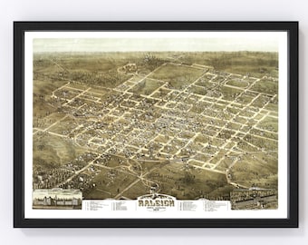 Raleigh Map 1872 - Old Map of Raleigh North Carolina Art Vintage Print Framed Canvas Bird&#39;s Eye View Portrait History Genealogy Farmhouse