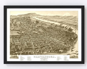 Chattanooga Map 1886 - Old Map of Chattanooga Tennessee Art Vintage Print Framed Canvas Bird's Eye View Portrait History Genealogy