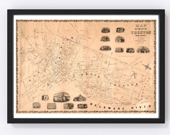 Trenton Map 1849 - Old Map of Trenton New Jersey Art Vintage Print Framed Canvas Bird's Eye View Portrait History Genealogy Farmhouse Décor