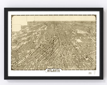 May include: An antique, sepia-toned aerial view map of Atlanta, Georgia. The map shows the city's street grid and buildings in detail. The text "ATLANTA" is printed in the lower center of the map.