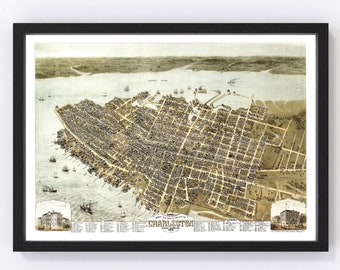 Charleston Map 1872 - Old Map of Charleston South Carolina Art Vintage Print Framed Canvas Bird's Eye View Portrait History Genealogy