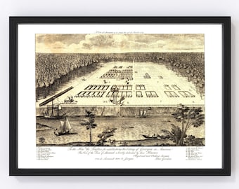 Savannah Map 1734 - Old Map of Savannah Georgia Art Vintage Print Framed Canvas Bird's Eye View Portrait History Genealogy Farmhouse Décor