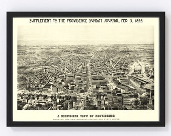 Providence Map 1895 - Old Map of Providence Rhode Island Art Vintage Print Framed Canvas Bird's Eye View Portrait History Genealogy