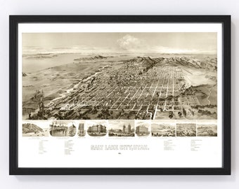 Salt Lake City Map 1891 - Old Map of Salt Lake City Utah Art Vintage Print Framed Canvas Bird's Eye View Portrait History Genealogy