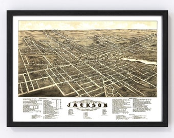 Jackson Map 1881 - Old Map of Jackson Michigan Art Vintage Print Framed Canvas Bird's Eye View Portrait History Genealogy Farmhouse Décor