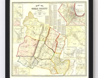 May include: Framed vintage map of Essex County, New Jersey, with detailed cartography and inset maps. The map features a cream-colored background with black, red, yellow, and green lines, and is encased in a black frame.