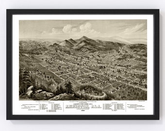 Anniston Map 1888 - Old Map of Anniston Alabama Art Vintage Print Framed Canvas Bird's Eye View Portrait History Genealogy Farmhouse Décor
