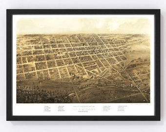 Marshall Map 1868 - Old Map of Marshall Michigan Art Vintage Print Framed Canvas Bird's Eye View Portrait History Genealogy Farmhouse Décor