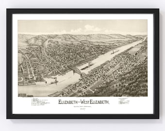 Elizabeth Map 1897, Vintage Elizabeth Map, Old Elizabeth Pennsylvania Art, Wall Art Gift for Elizabeth History Lovers Retro Decor