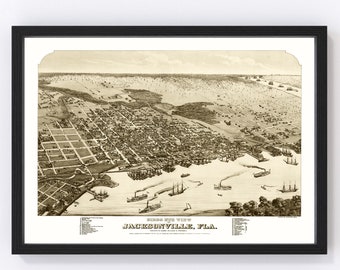 Jacksonville Map 1876 - Old Map of Jacksonville Florida Art Vintage Print Framed Canvas Bird's Eye View Portrait History Genealogy