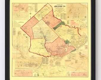 Atlantic County New Jersey Map 1872 - Old Map of Atlantic County New Jersey Art Vintage Print Framed Canvas Portrait History Genealogy