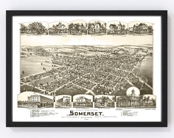 Somerset Map 1900 - Old Map of Somerset Pennsylvania Art Vintage Print Framed Canvas Bird's Eye View Portrait History Genealogy Farmhouse