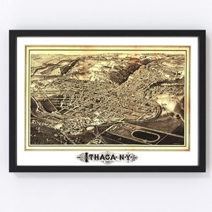 May include: An antique map of Ithaca, New York, printed in sepia tones. The map shows the city's layout in 1889, with streets, buildings, and landmarks. The title "Ithaca, N.Y. 1889" is printed at the bottom of the map.