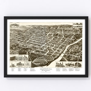 Macon Map 1887 - Old Map of Macon Georgia Art Vintage Print Framed Canvas Bird&#39;s Eye View Portrait History Genealogy Farmhouse Décor
