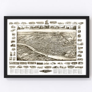 May include: A vintage black and white aerial view map of New Brunswick, New Jersey. The map shows the city's streets, buildings, and the Raritan River. The map is surrounded by a border of smaller images of buildings and businesses in the city.