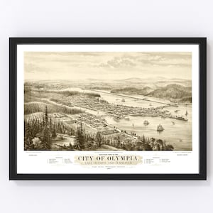 Olympia Map 1878 - Old Map of Olympia Washington Art Vintage Print Framed Canvas Bird&#39;s Eye View Portrait History Genealogy Farmhouse Décor